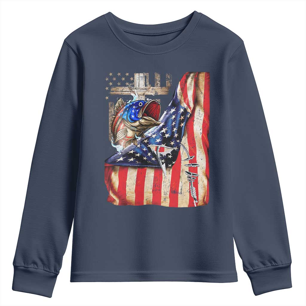 Fisherman Christian Fishing Vintage American Flag Youth Sweatshirt TS11 Navy Print Your Wear
