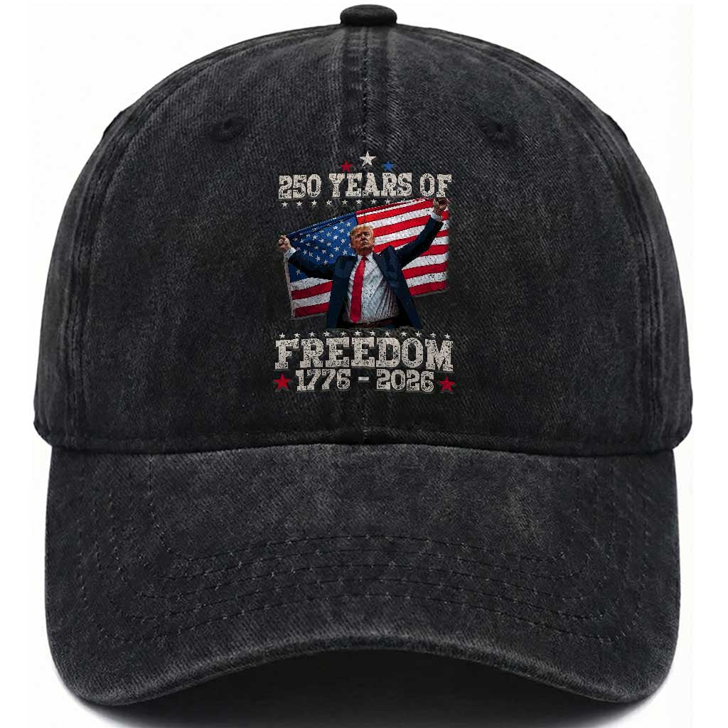 Trump 250th Anniversary Washed Cotton Baseball Cap 250 Years Of Freedom Vintage USA Flag TS11 Washed Cap Universal Fit Black Print Your Wear