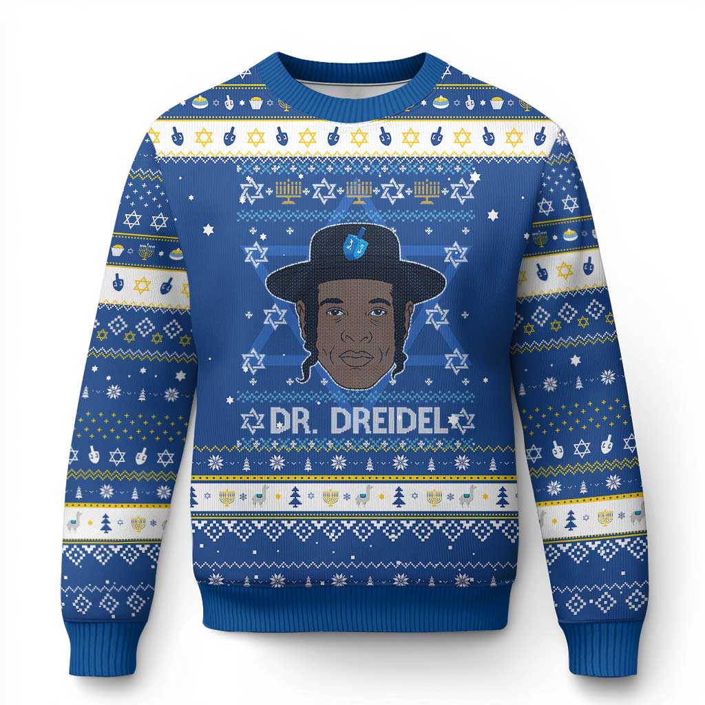 Funny Chanukah Dreidel Hanukkah Ugly Sweater Dr Dreidel Rapper DJ TS11 Blue White Print Your Wear