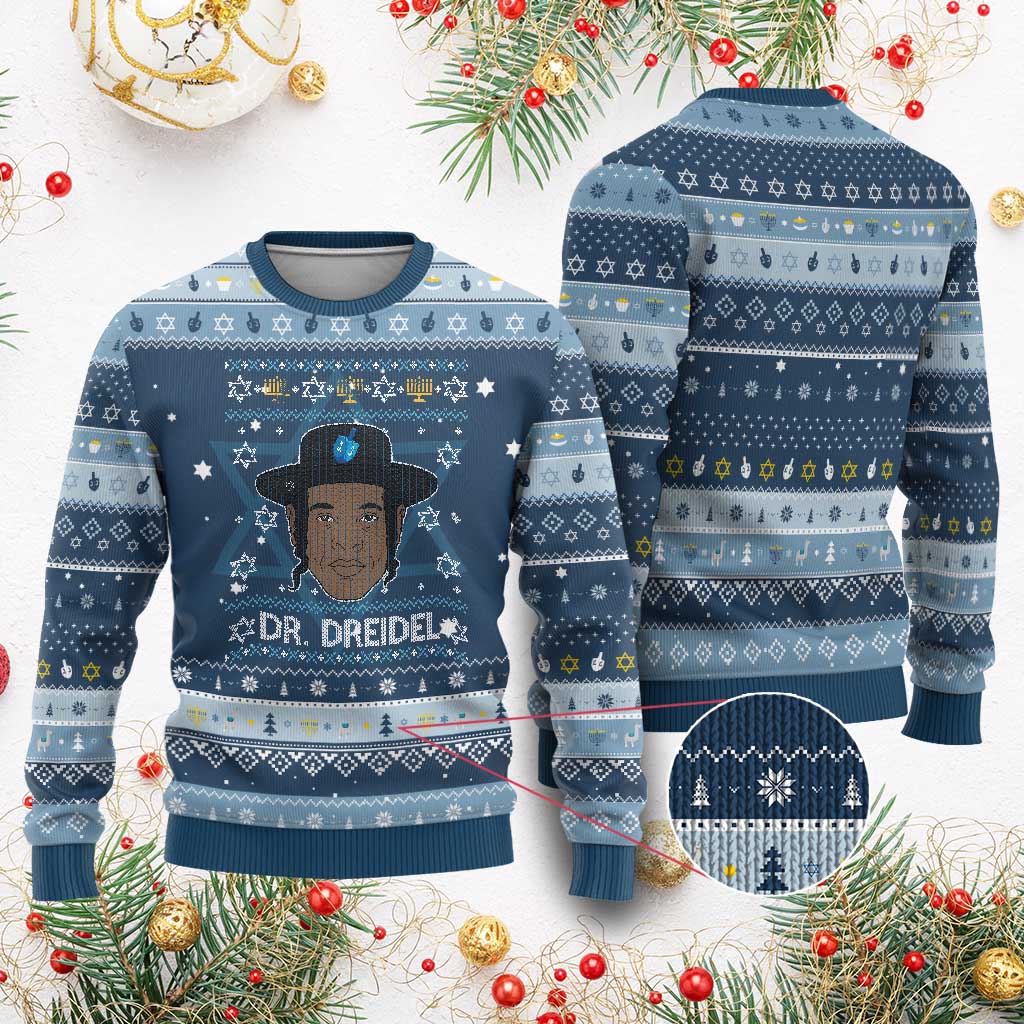 Funny Chanukah Dreidel Hanukkah Ugly Sweater Dr Dreidel Rapper DJ TS11 Navy Light Blue Print Your Wear