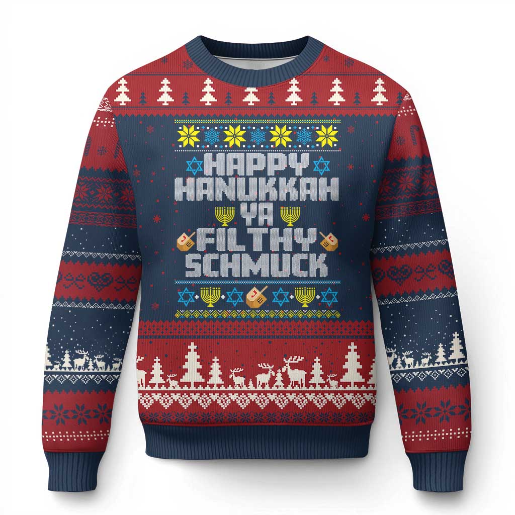 Happy Hanukkah Ya Filthy Schmuck Ugly Christmas Sweater Funny Hanukkah Xmas Movie TS11 Navy Red Print Your Wear