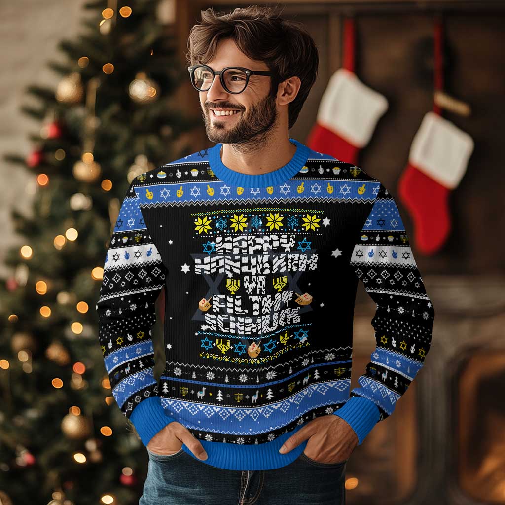 Happy Hanukkah Ya Filthy Schmuck Hanukkah Ugly Sweater Funny Hanukkah Christmas Movie TS11 Black Blue Print Your Wear