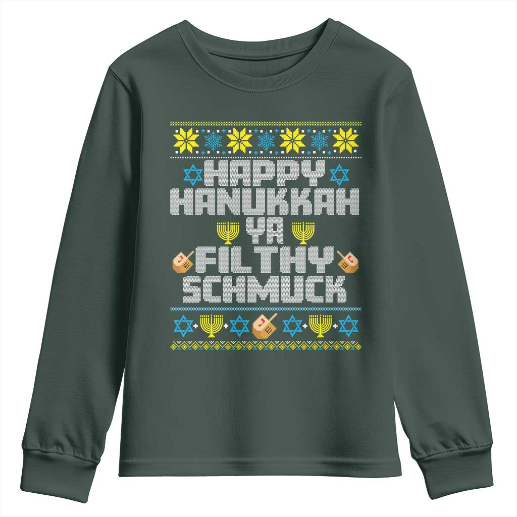 Happy Hanukkah Ya Filthy Schmuck Youth Sweatshirt Funny Hanukkah Christmas Movie TS11 Dark Forest Green Print Your Wear