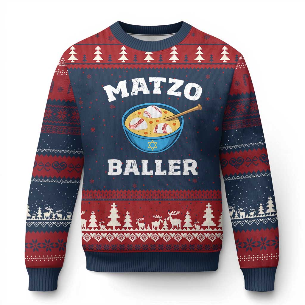 Funny Hanukkah Baseball Ugly Christmas Sweater Matzo Baller Matzah Ball Jewish Chanukah Sports Lover TS11 Navy Red Print Your Wear