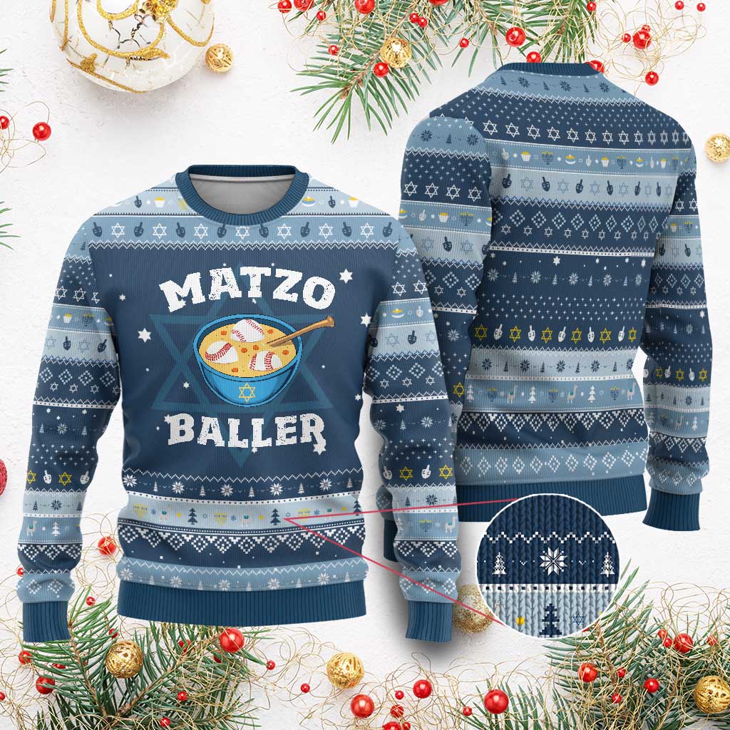 Funny Chanukah Baseball Hanukkah Ugly Sweater Matzo Baller Matzah Ball Jewish Holidays Sports Lover TS11 Navy Light Blue Print Your Wear