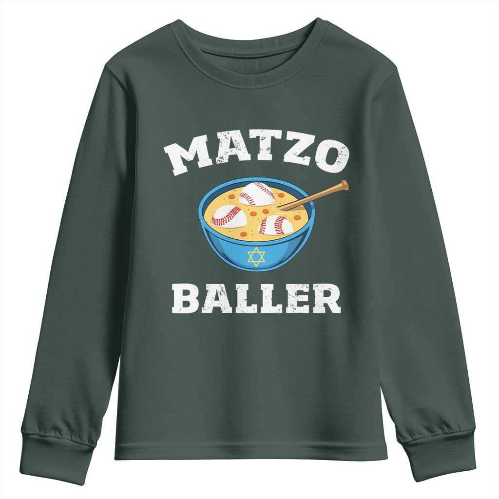 Funny Hanukkah Baseball Youth Sweatshirt Matzo Baller Matzah Ball Jewish Chanukah Sports Lover TS11 Dark Forest Green Print Your Wear