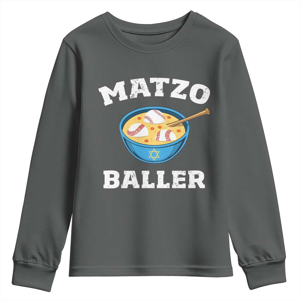 Funny Hanukkah Baseball Youth Sweatshirt Matzo Baller Matzah Ball Jewish Chanukah Sports Lover TS11 Dark Heather Print Your Wear