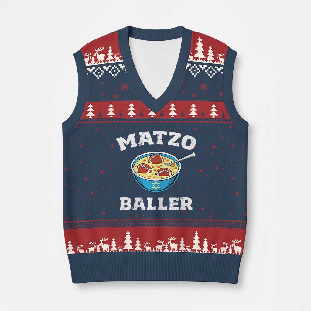 Funny Hanukkah Football V-Neck Knit Sweater Vest Matzo Baller Matzah Ball Jewish Chanukah Sports Lover TS11 Navy Red Print Your Wear