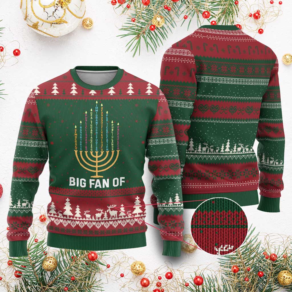 Hanukkah Human Rights Ugly Christmas Sweater Big Fan Of Democracy Immigrants And Refugees TS11 Red Green Print Your Wear