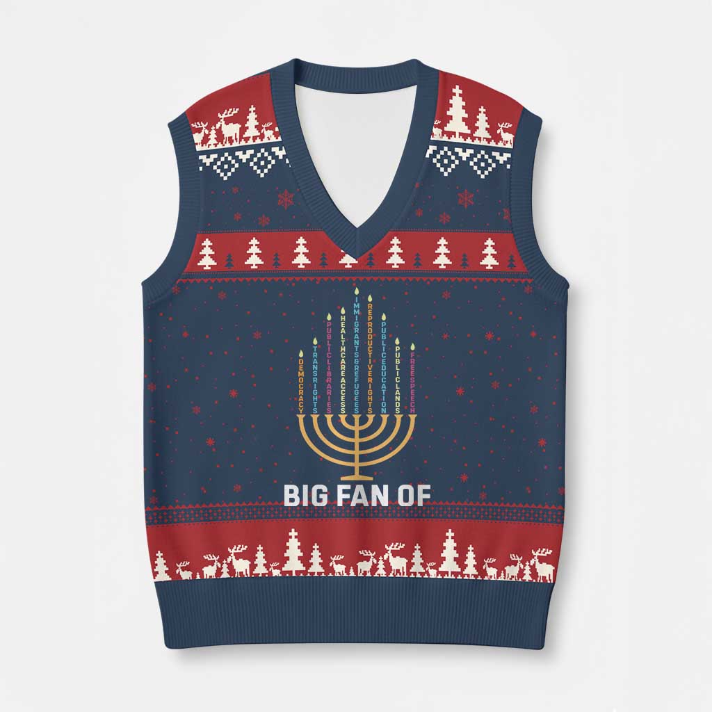 Hanukkah Human Rights V-Neck Knit Sweater Vest Big Fan Of Democracy Immigrants And Refugees TS11 Navy Red Print Your Wear