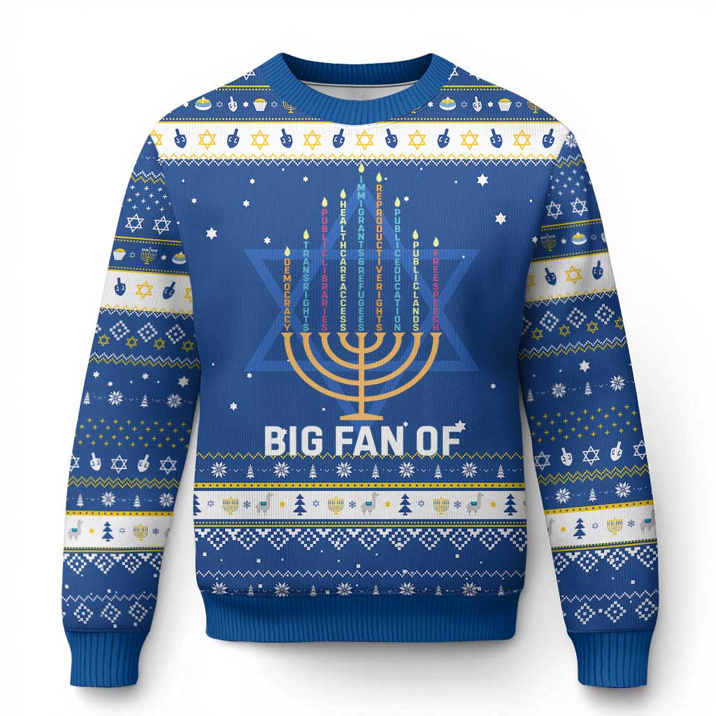 Hanukkah Human Rights Hanukkah Ugly Sweater Big Fan Of Democracy Immigrants And Refugees TS11 Blue White Print Your Wear