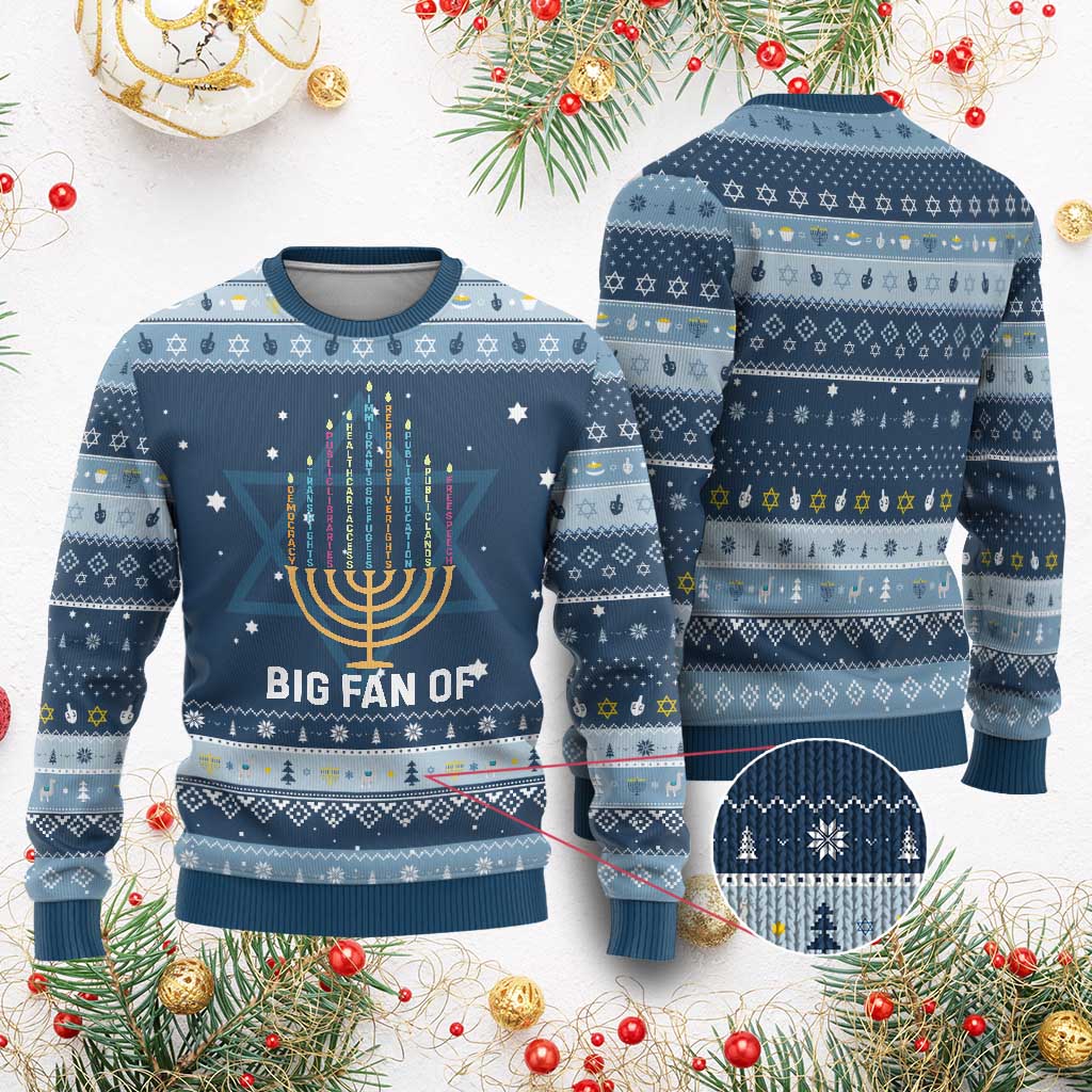 Hanukkah Human Rights Hanukkah Ugly Sweater Big Fan Of Democracy Immigrants And Refugees TS11 Navy Light Blue Print Your Wear