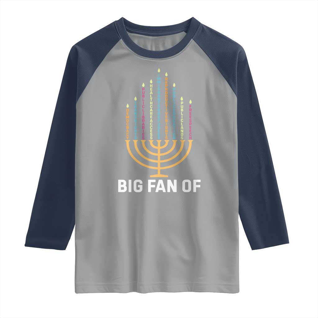 Hanukkah Human Rights Raglan Shirt Big Fan Of Democracy Immigrants And Refugees TS11 Sport Gray Navy Print Your Wear