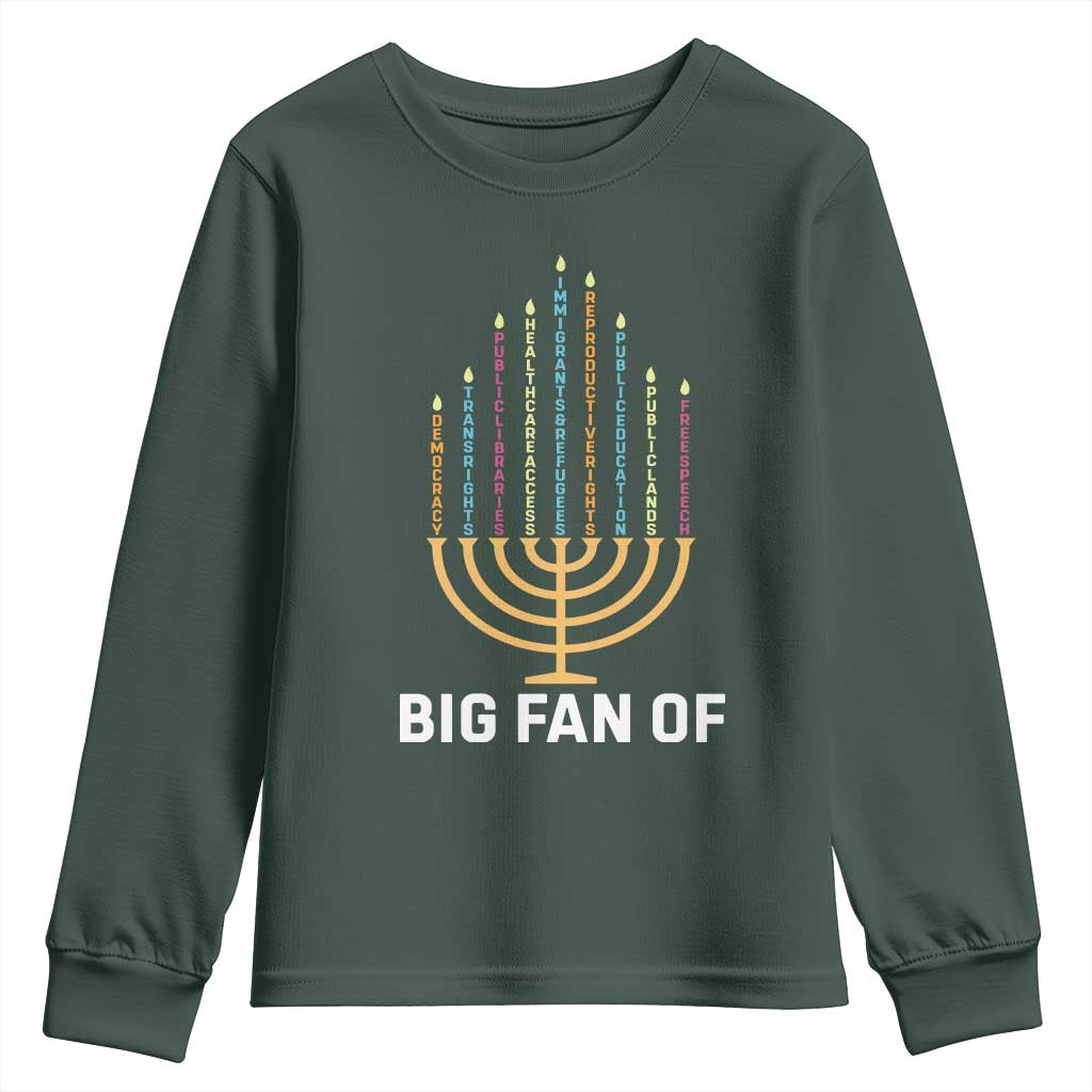 Hanukkah Human Rights Youth Sweatshirt Big Fan Of Democracy Immigrants And Refugees TS11 Dark Forest Green Print Your Wear