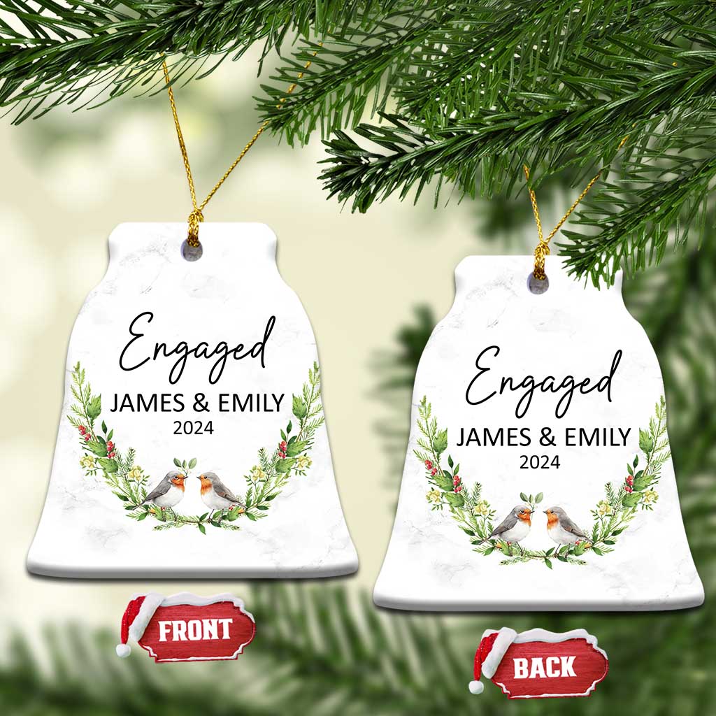 Personalized Engaged 2024 Christmas Ornament Custom Name Mr & Mrs Engagement Bird Mistletoe TS11 Bell Flake Marble Print Your Wear