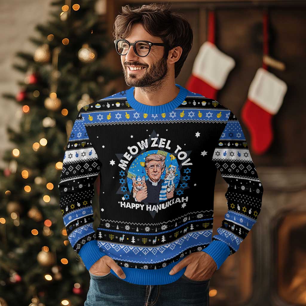 Funny Trump Cat Chanukah Hanukkah Ugly Sweater Meowzel Tov Happy Chanukah David Stars TS11 Black Blue Print Your Wear