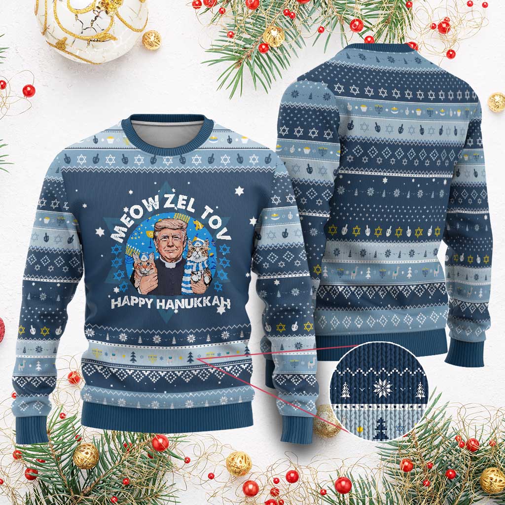 Funny Trump Cat Chanukah Hanukkah Ugly Sweater Meowzel Tov Happy Chanukah David Stars TS11 Navy Light Blue Print Your Wear