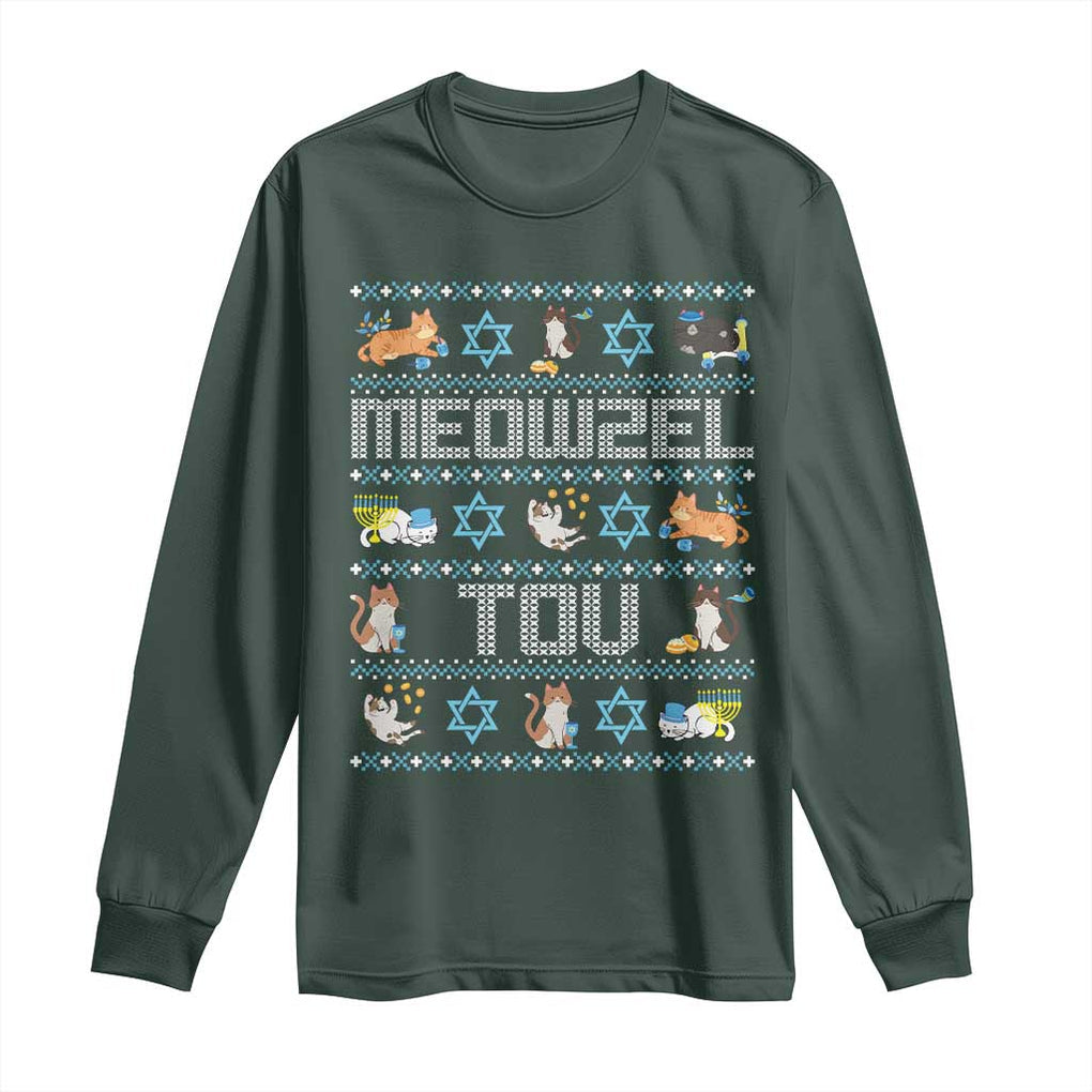 Funny Hanukkah Cats Long Sleeve Shirt Meowzel Tov Chanukah Menorah David Stars TS11 Dark Forest Green Print Your Wear
