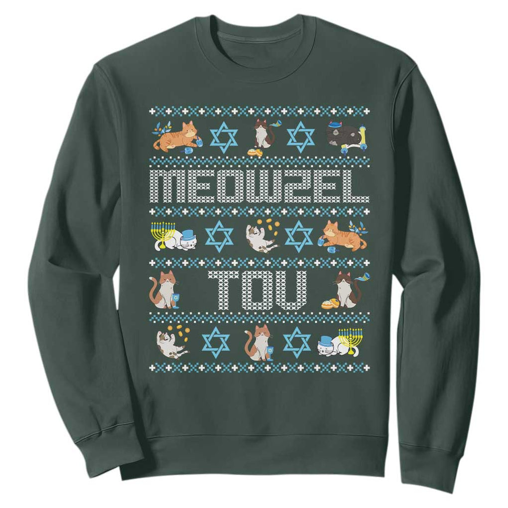 Funny Hanukkah Cats Sweatshirt Meowzel Tov Chanukah Menorah David Stars TS11 Dark Forest Green Print Your Wear