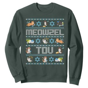 Funny Hanukkah Cats Sweatshirt Meowzel Tov Chanukah Menorah David Stars TS11 Dark Forest Green Print Your Wear