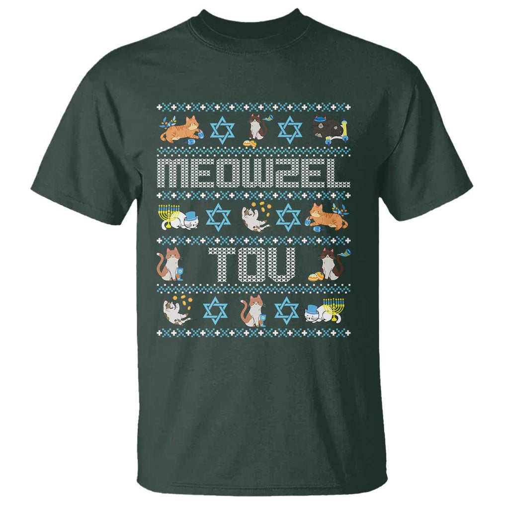 Funny Hanukkah Cats T Shirt Meowzel Tov Chanukah Menorah David Stars TS11 Dark Forest Green Print Your Wear