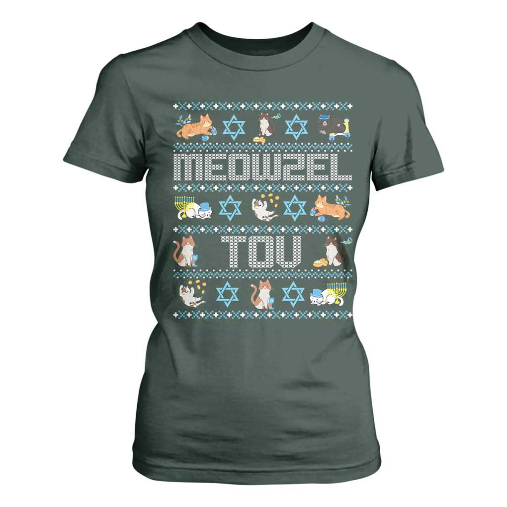 Funny Hanukkah Cats T Shirt For Women Meowzel Tov Chanukah Menorah David Stars TS11 Dark Forest Green Print Your Wear
