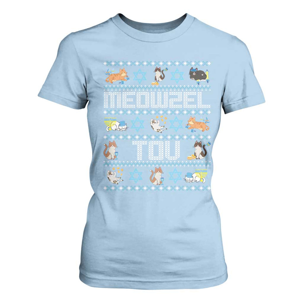 Funny Hanukkah Cats T Shirt For Women Meowzel Tov Chanukah Menorah David Stars TS11 Light Blue Print Your Wear