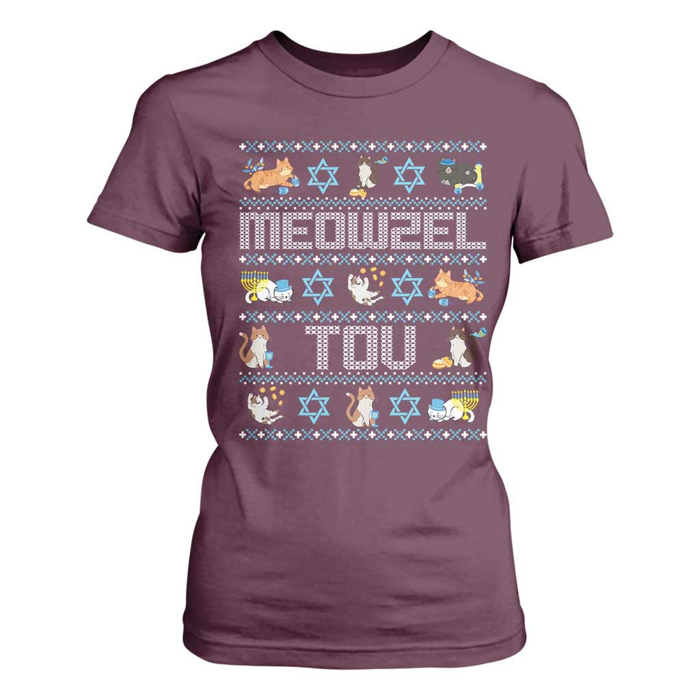 Funny Hanukkah Cats T Shirt For Women Meowzel Tov Chanukah Menorah David Stars TS11 Maroon Print Your Wear