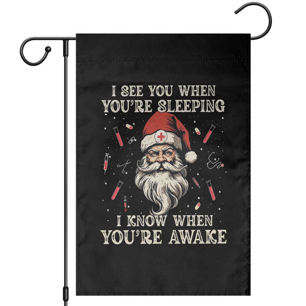 Funny Christmas Santa Doctor Medical Garden Flag I See You When You're Sleeping I Know When You're Awake TS11 Black Print Your Wear