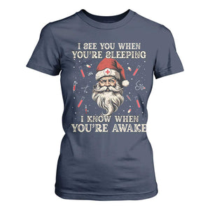 Funny Christmas Santa Doctor Medical T Shirt For Women I See You When You're Sleeping I Know When You're Awake TS11 Navy Print Your Wear