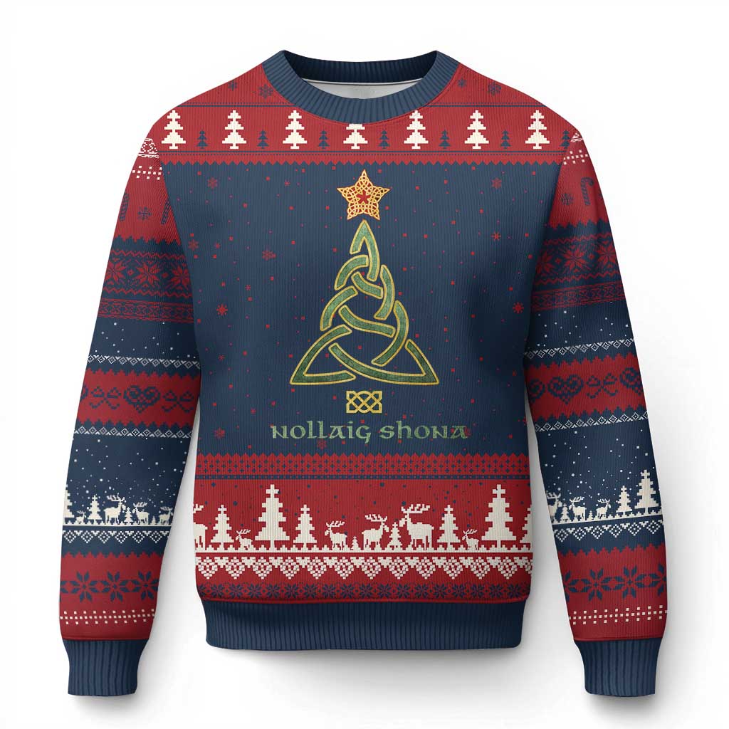 Irish Gaelic Xmas Nollaig Shona Ugly Christmas Sweater Celtic Knot Xmas Tree TS11 Navy Red Print Your Wear