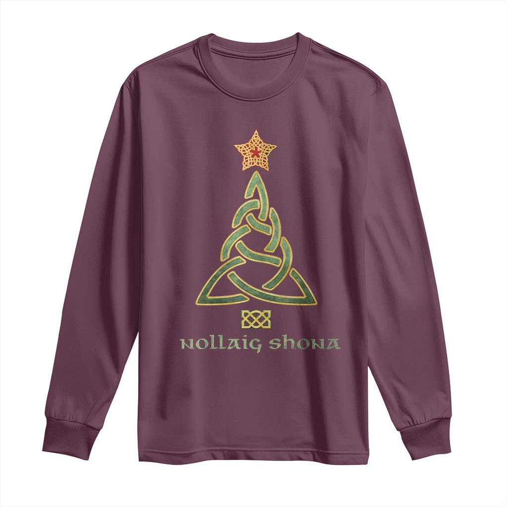 Irish Gaelic Christmas Nollaig Shona Long Sleeve Shirt Celtic Knot Christmas Tree TS11 Maroon Print Your Wear