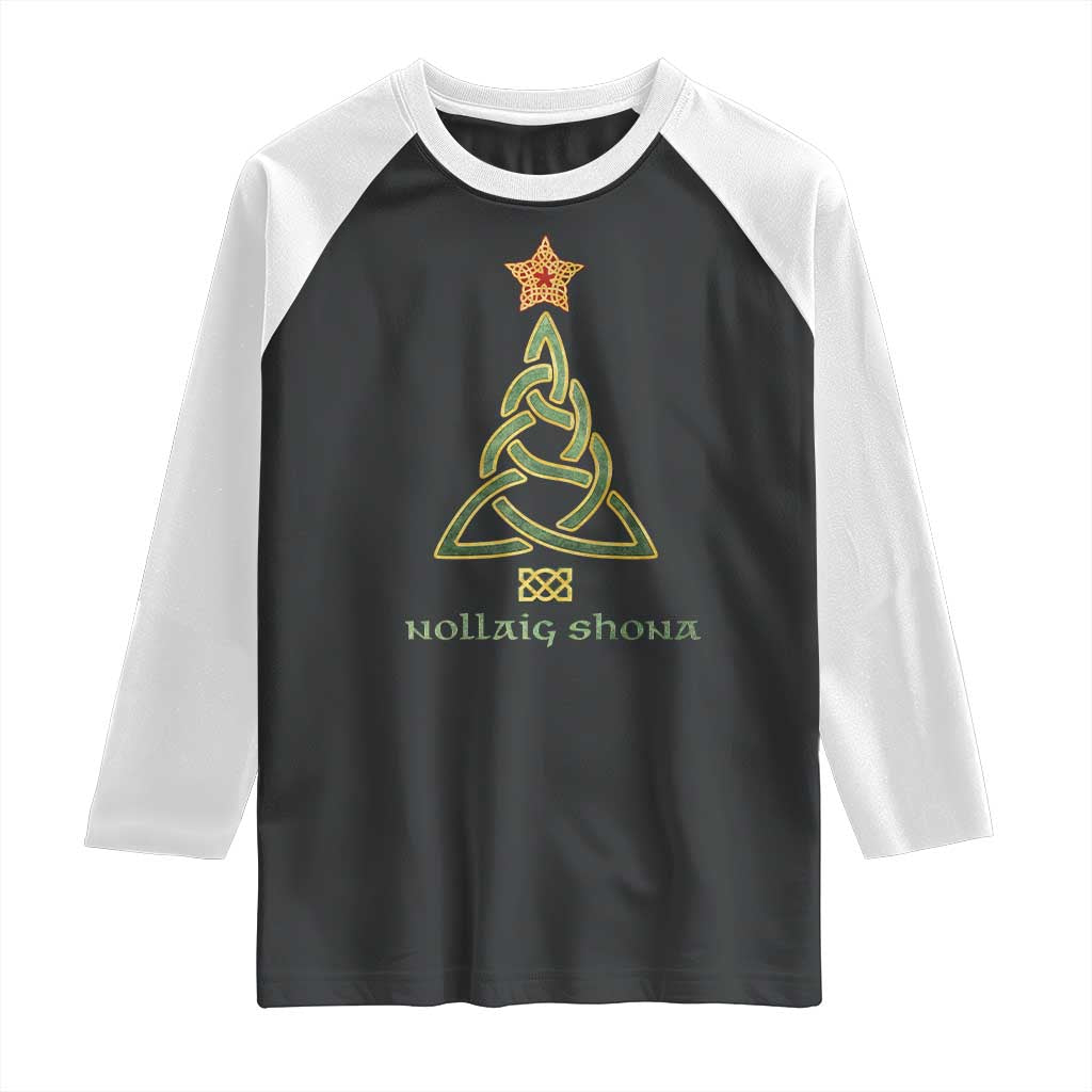 Irish Gaelic Christmas Nollaig Shona Raglan Shirt Celtic Knot Christmas Tree TS11 Black White Print Your Wear