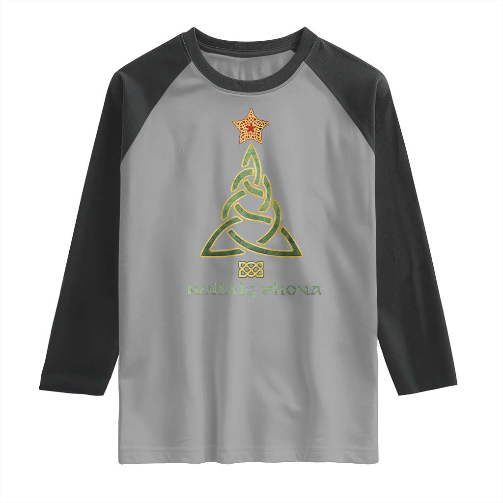 Irish Gaelic Christmas Nollaig Shona Raglan Shirt Celtic Knot Christmas Tree TS11 Sport Gray Black Print Your Wear