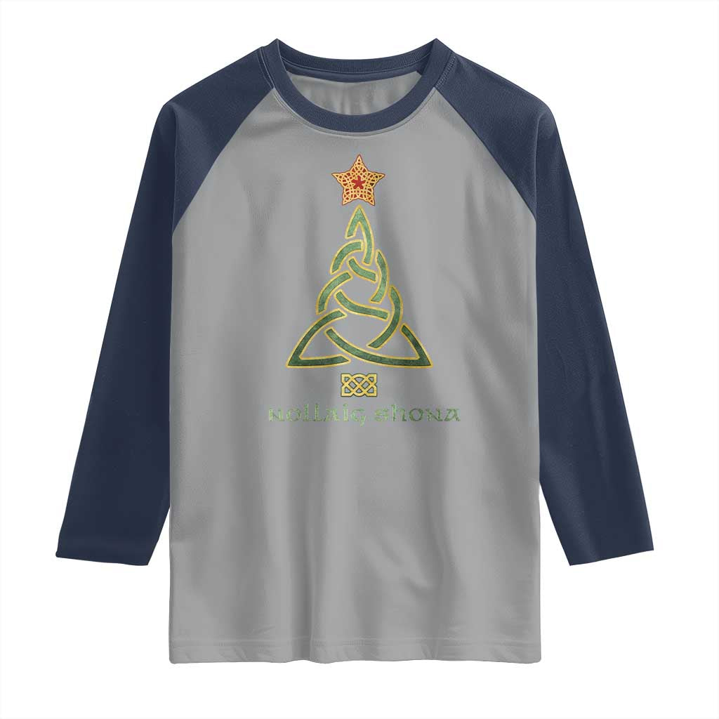 Irish Gaelic Christmas Nollaig Shona Raglan Shirt Celtic Knot Christmas Tree TS11 Sport Gray Navy Print Your Wear
