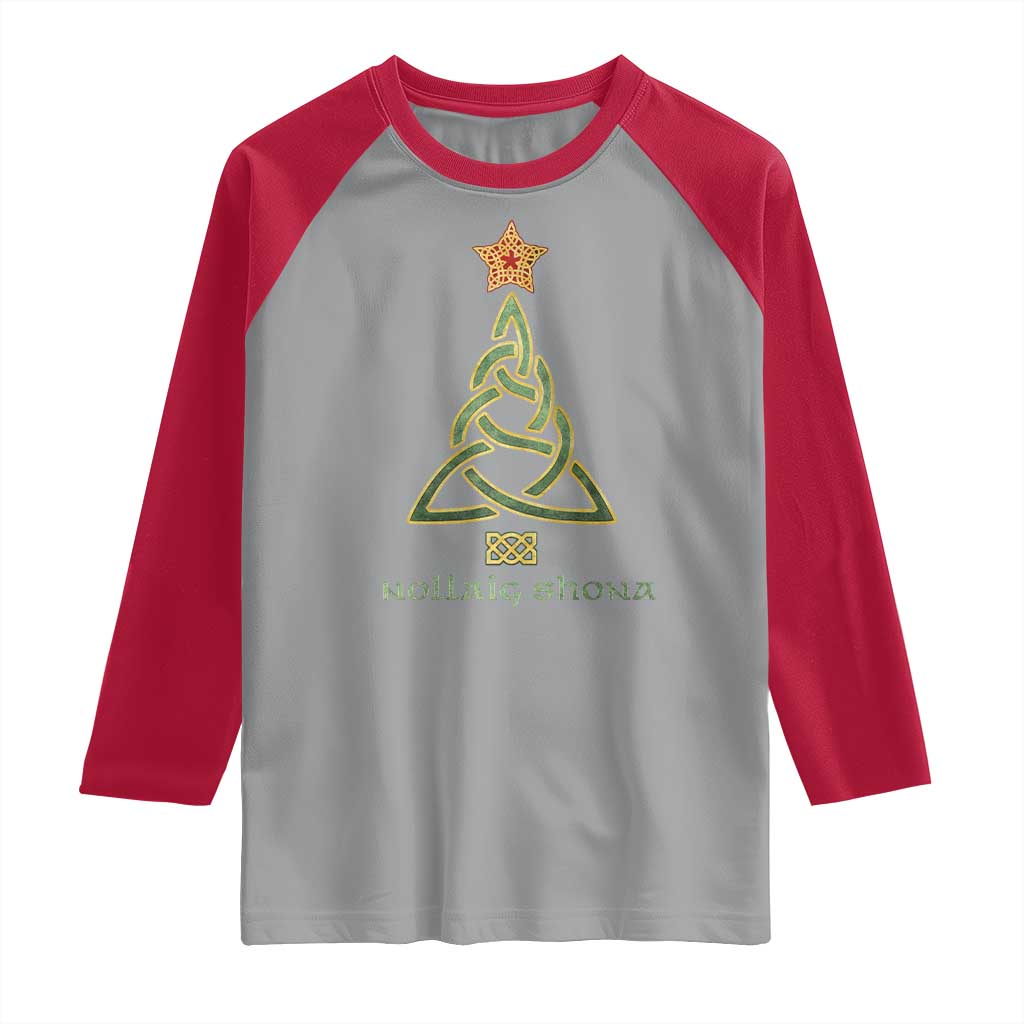 Irish Gaelic Christmas Nollaig Shona Raglan Shirt Celtic Knot Christmas Tree TS11 Sport Gray Red Print Your Wear