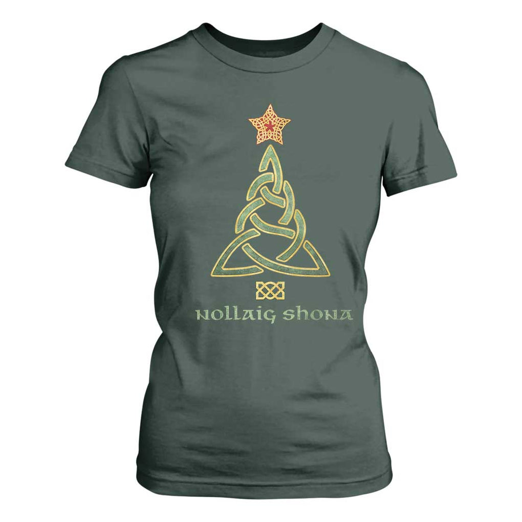 Irish Gaelic Christmas Nollaig Shona T Shirt For Women Celtic Knot Christmas Tree TS11 Dark Forest Green Print Your Wear