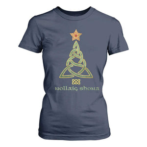 Irish Gaelic Christmas Nollaig Shona T Shirt For Women Celtic Knot Christmas Tree TS11 Navy Print Your Wear