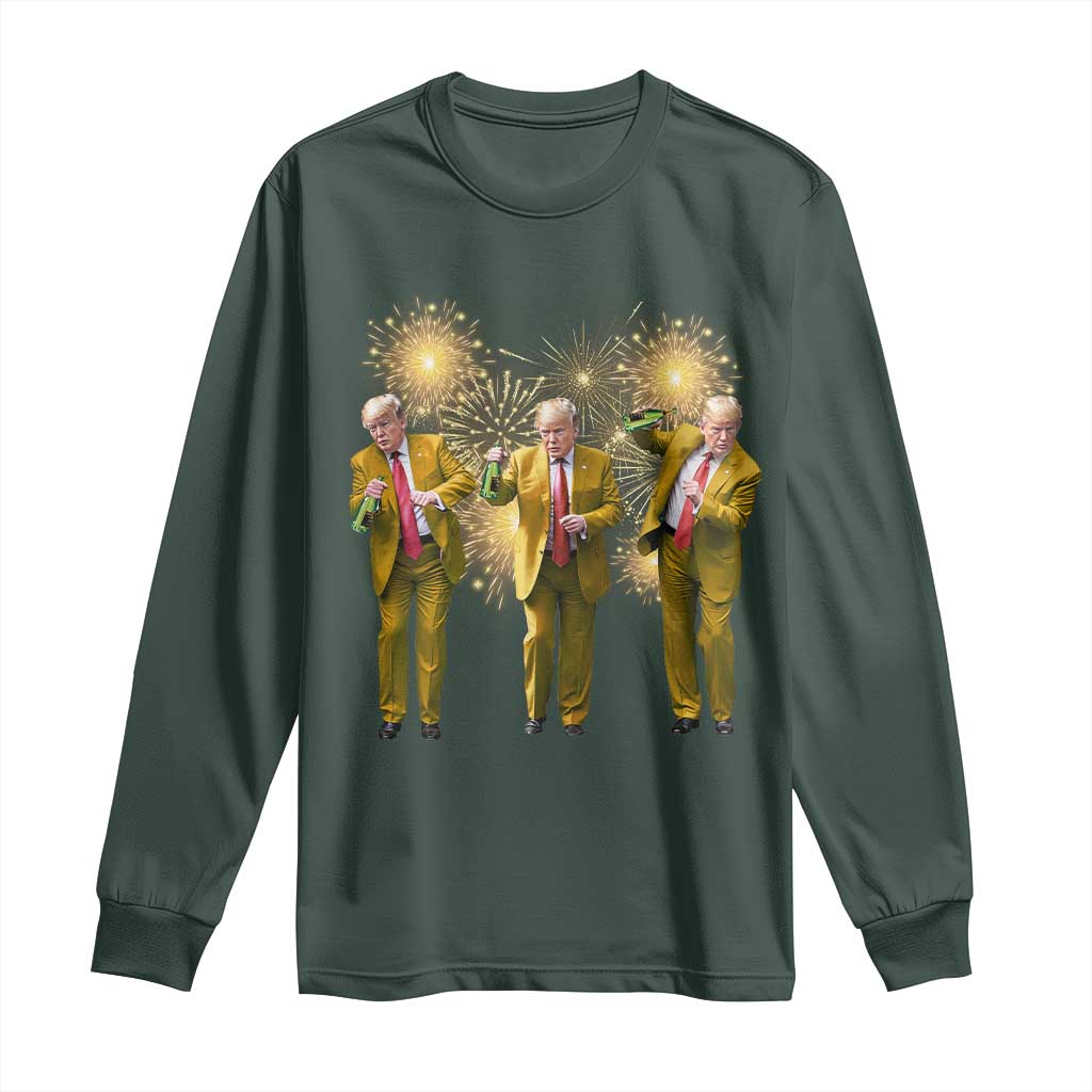 Funny Trump Dance Happy New Year 2025 Long Sleeve Shirt Fireworks TS11 Dark Forest Green Print Your Wear