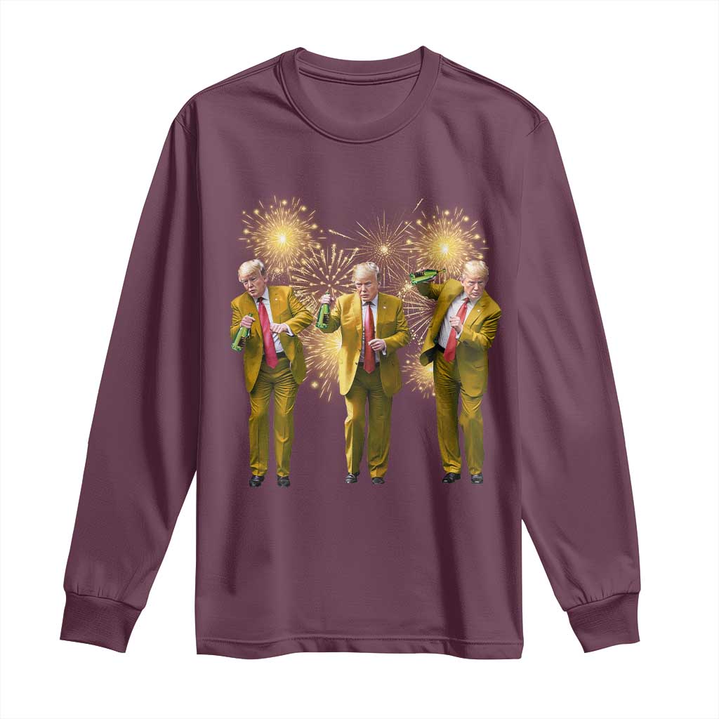 Funny Trump Dance Happy New Year 2025 Long Sleeve Shirt Fireworks TS11 Maroon Print Your Wear