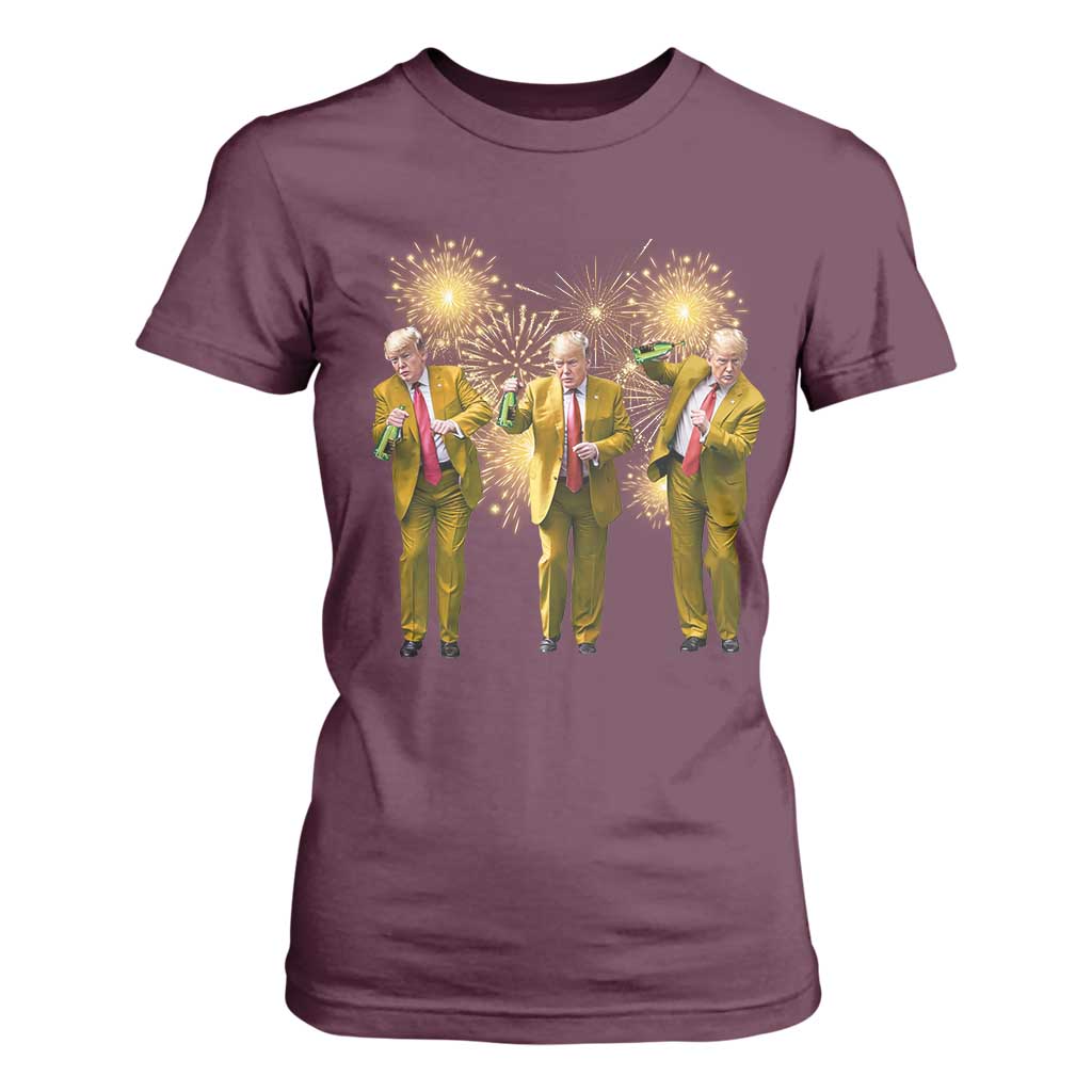 Funny Trump Dance Happy New Year 2025 T Shirt For Women Fireworks TS11 Maroon Print Your Wear