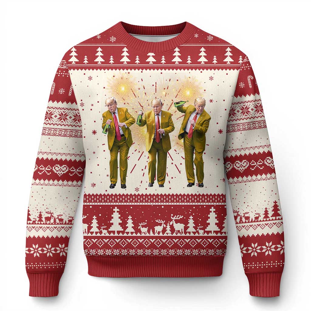 Funny Trump Dance Happy New Year 2025 Ugly Christmas Sweater Fireworks TS11 Red Print Your Wear