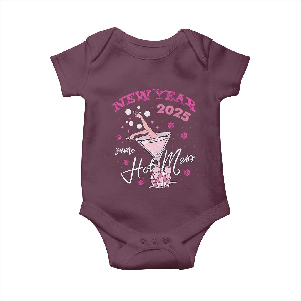 Funny New Year 2025 Same Hot Mess Baby Onesie New Year's Eve Party Coquette Champagne Glass TS11 Maroon Print Your Wear