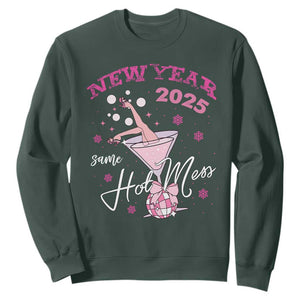 Funny New Year 2025 Same Hot Mess Sweatshirt New Year's Eve Party Coquette Champagne Glass TS11 Dark Forest Green Print Your Wear