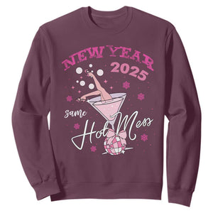 Funny New Year 2025 Same Hot Mess Sweatshirt New Year's Eve Party Coquette Champagne Glass TS11 Maroon Print Your Wear