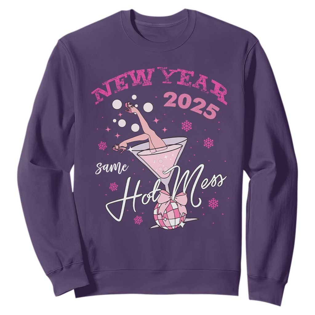 Funny New Year 2025 Same Hot Mess Sweatshirt New Year's Eve Party Coquette Champagne Glass TS11 Purple Print Your Wear