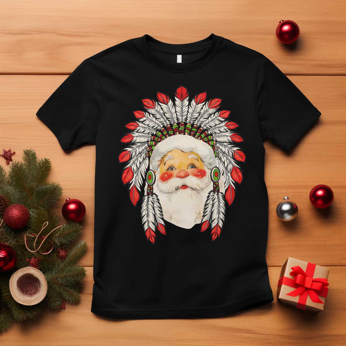 Funny Christmas Native American Indian Santa War Bonnet T Shirt TS11 Black Print Your Wear