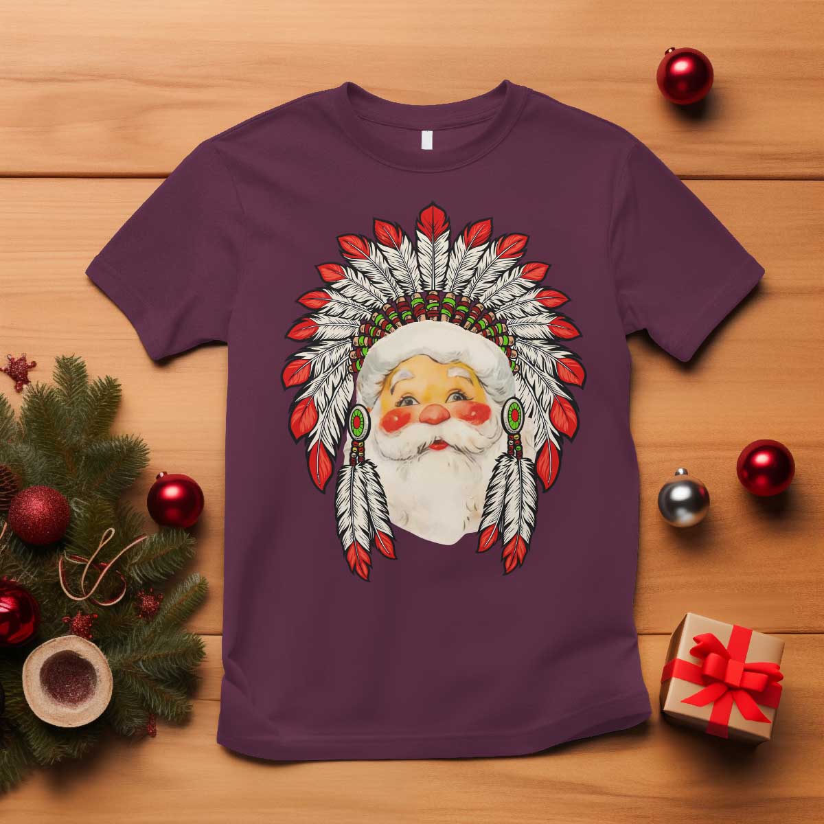 Funny Christmas Native American Indian Santa War Bonnet T Shirt TS11 Maroon Print Your Wear