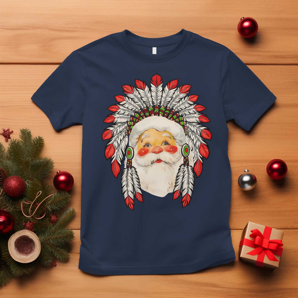 Funny Christmas Native American Indian Santa War Bonnet T Shirt TS11 Navy Print Your Wear