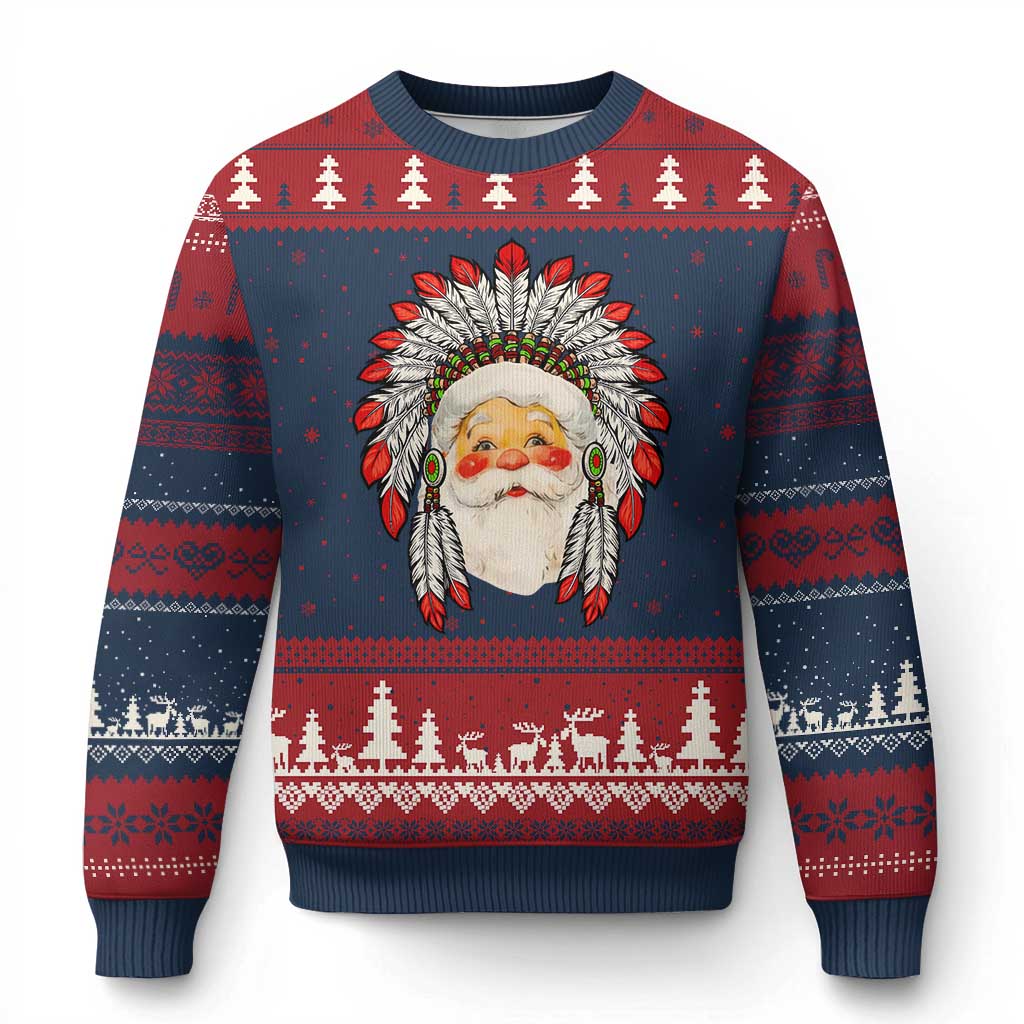 Funny Xmas Native American Indian Santa War Bonnet Ugly Christmas Sweater TS11 Navy Red Print Your Wear